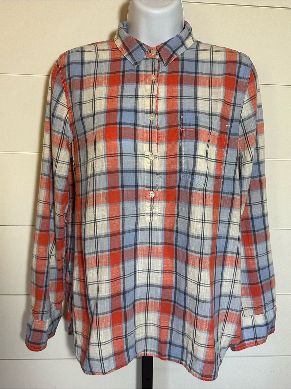 J. Crew Plaid Button-Front Shirt - Orange, Blue, White